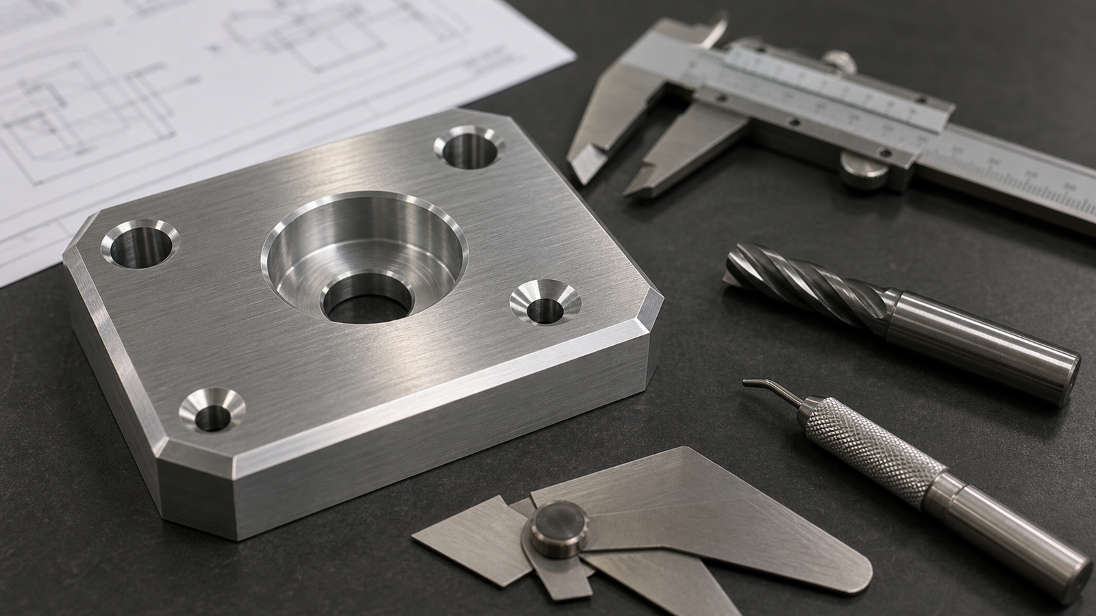 Machined aluminum part with chamfered edges chamfer gauge deburring tool and calipers