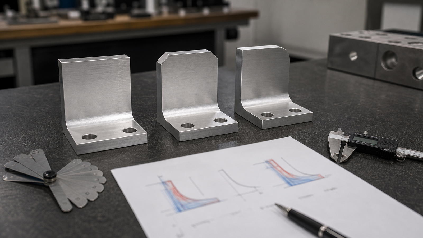 Machined test coupons comparing sharp corner chamfered corner and fillet radius for stress analysis