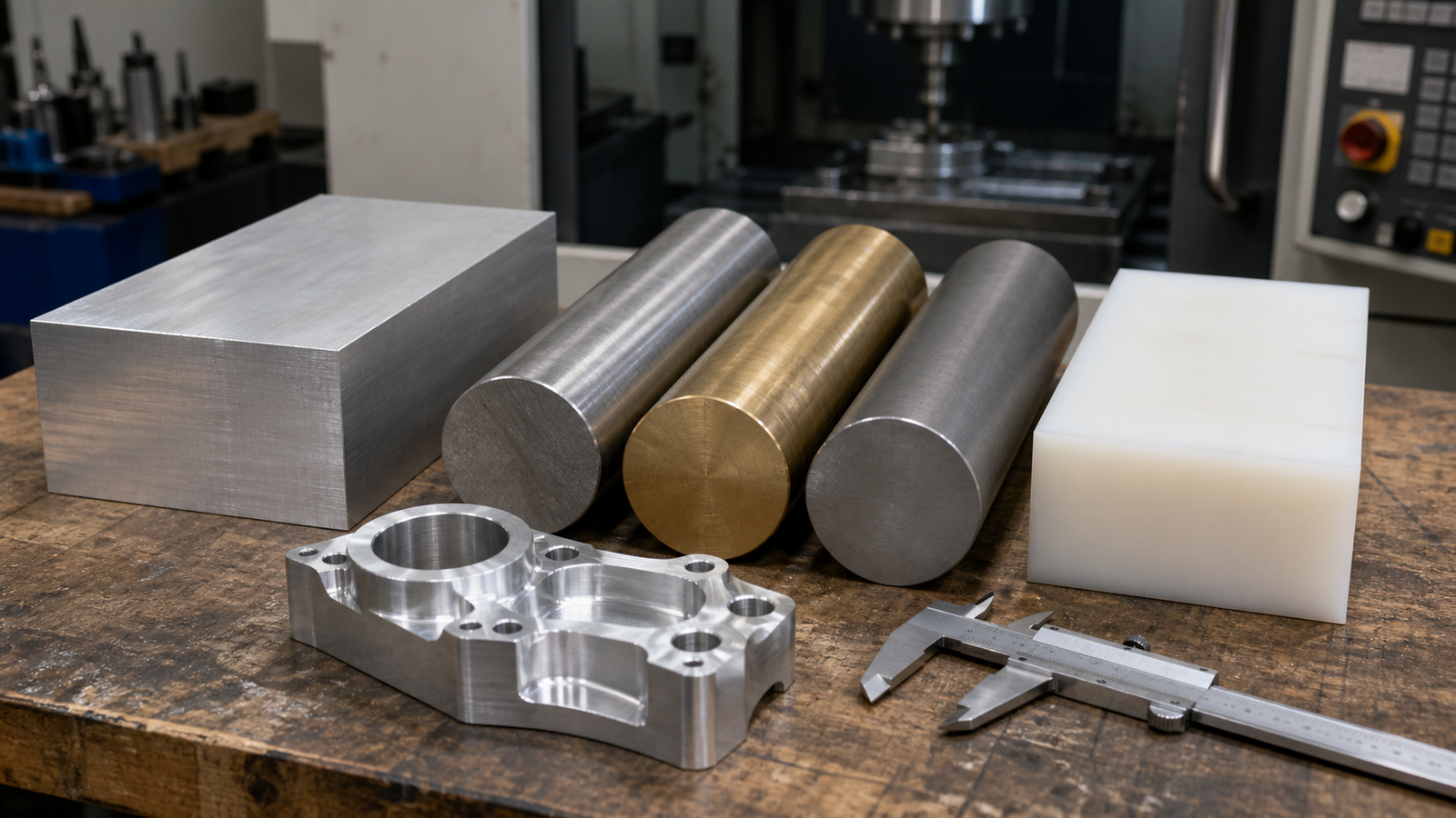Material choice comparison with aluminum, stainless steel, brass, titanium stock, acetal block, machined part, and calipers on a CNC shop bench
