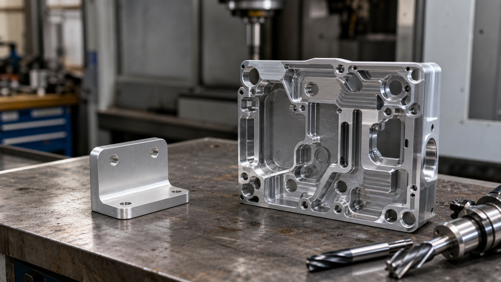 Simple machined bracket beside a complex CNC housing with deep pockets, thin walls, multiple holes, and cutting tools nearby