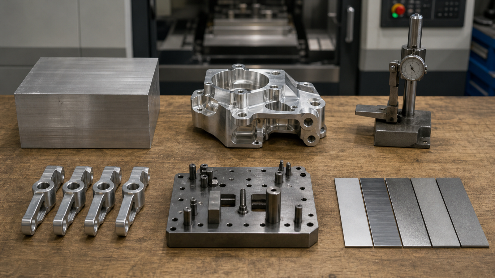 Six CNC machining cost drivers shown as raw material, complex part, inspection gauge, small batch, fixture plate, and finish samples on a shop bench