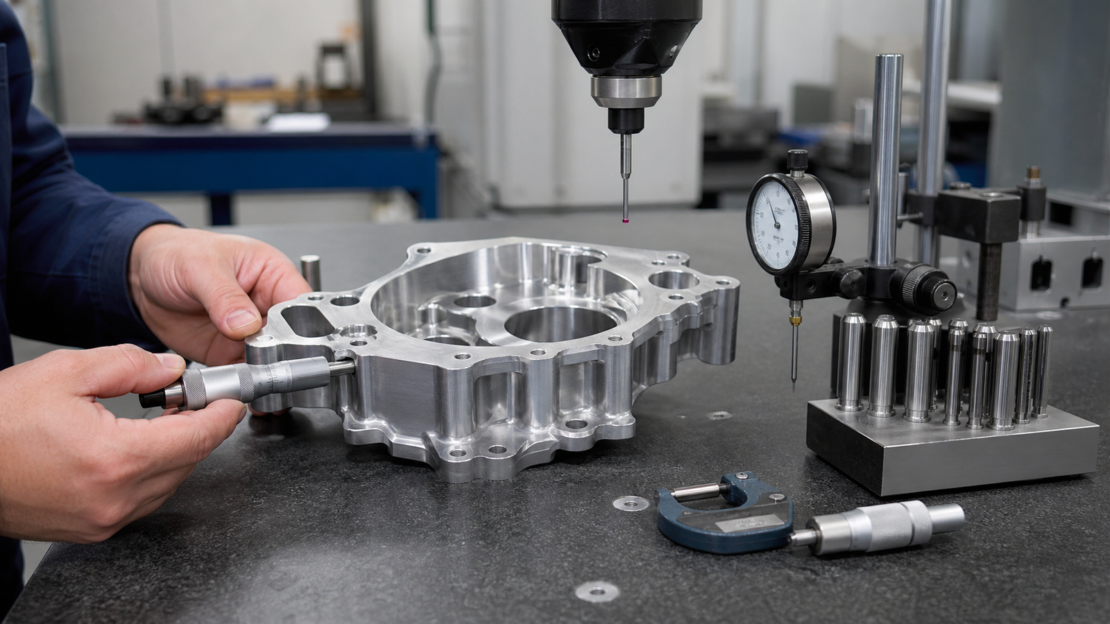 Precision inspection setup with machined aluminum part, micrometer, dial indicator, gauge pins, and CMM probe on a granite inspection surface