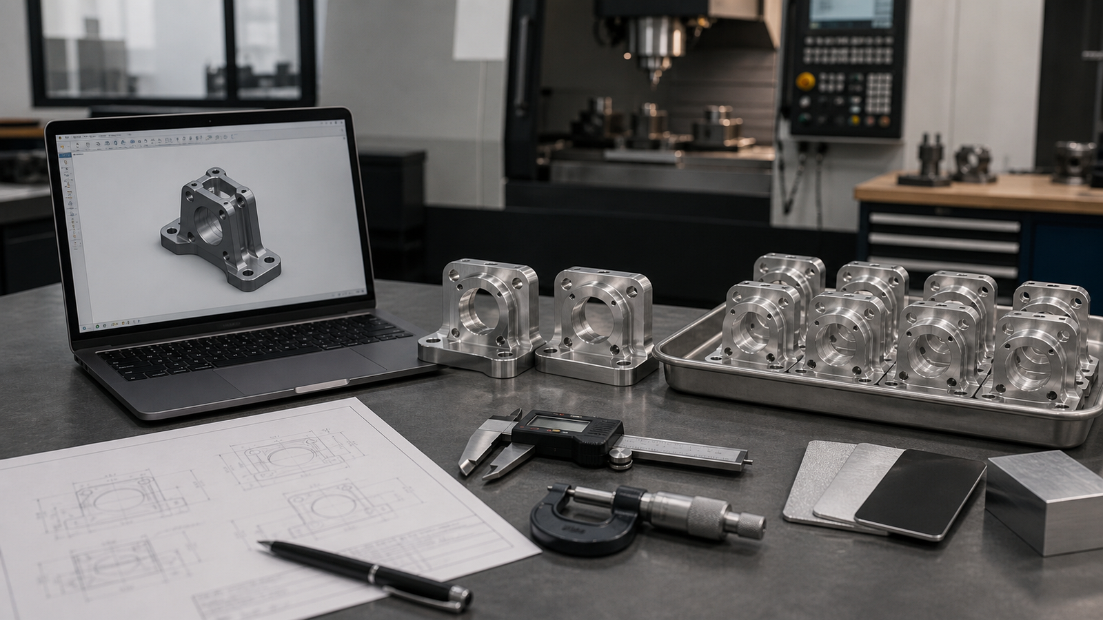 Machined aluminum prototype parts laid out for startup product development