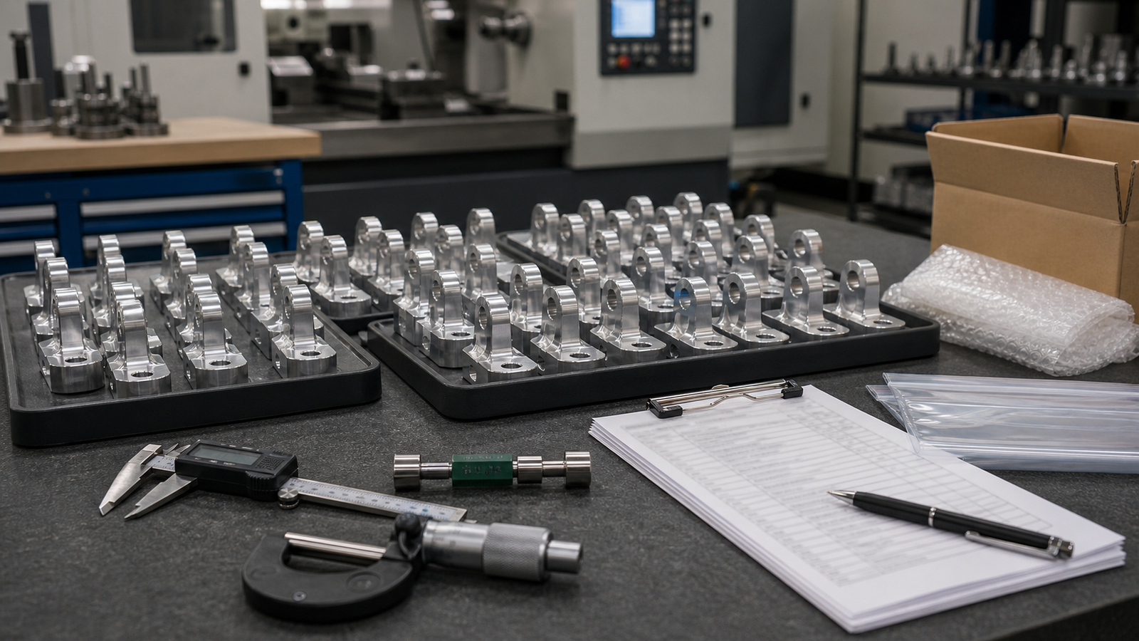 Low-volume CNC pilot batch arranged in trays with gauges calipers and packing materials
