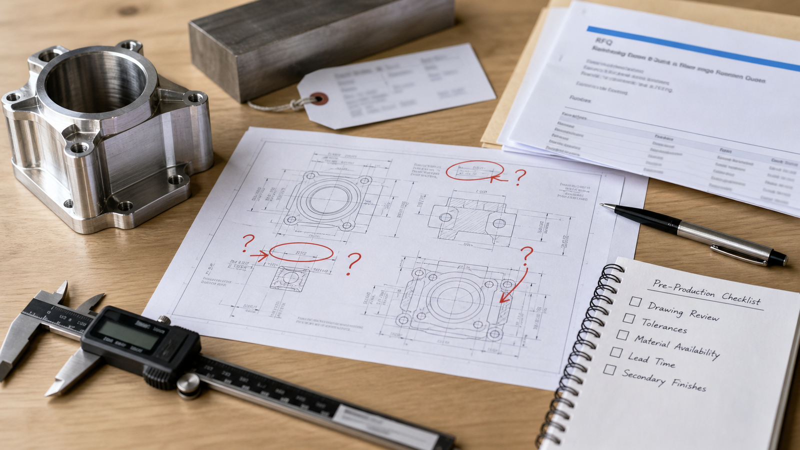 Engineering review table showing drawing questions, material sample, calipers, and RFQ packet