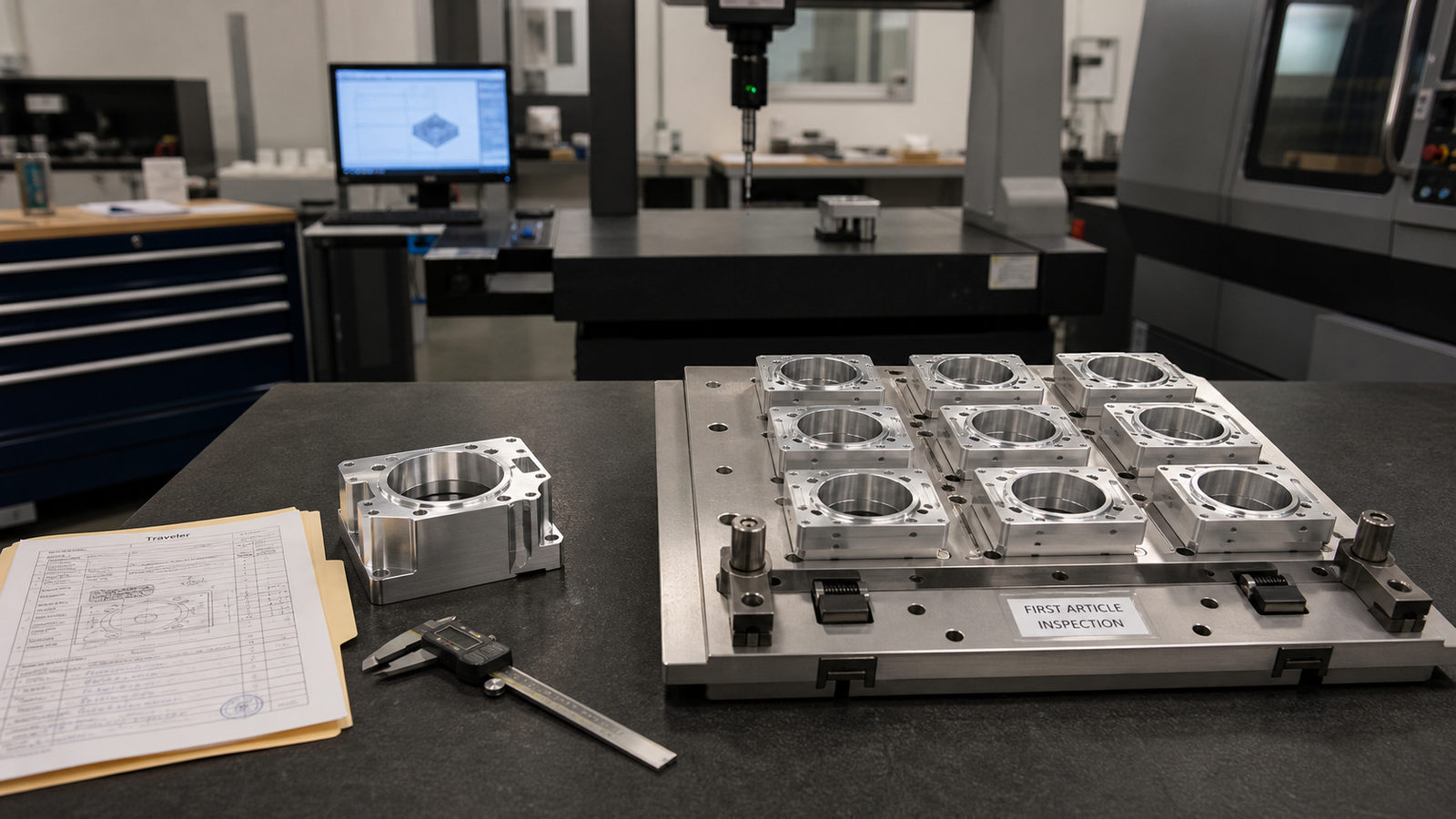 Prototype part and production fixture plate staged for first article inspection