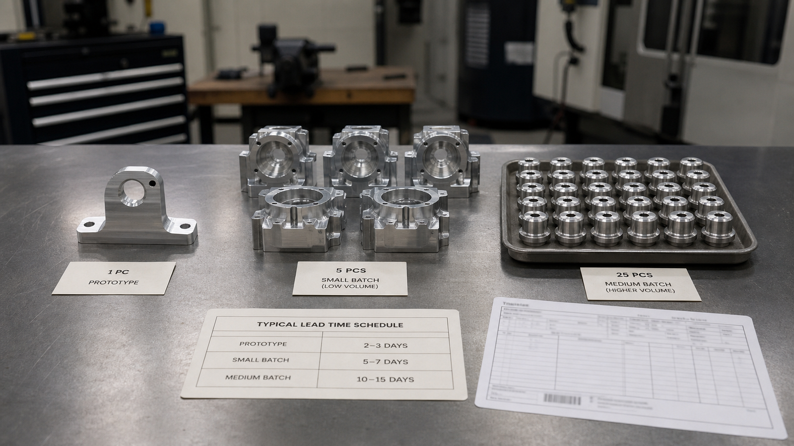 Typical CNC machining lead times shown with prototype, small batch, and medium batch parts
