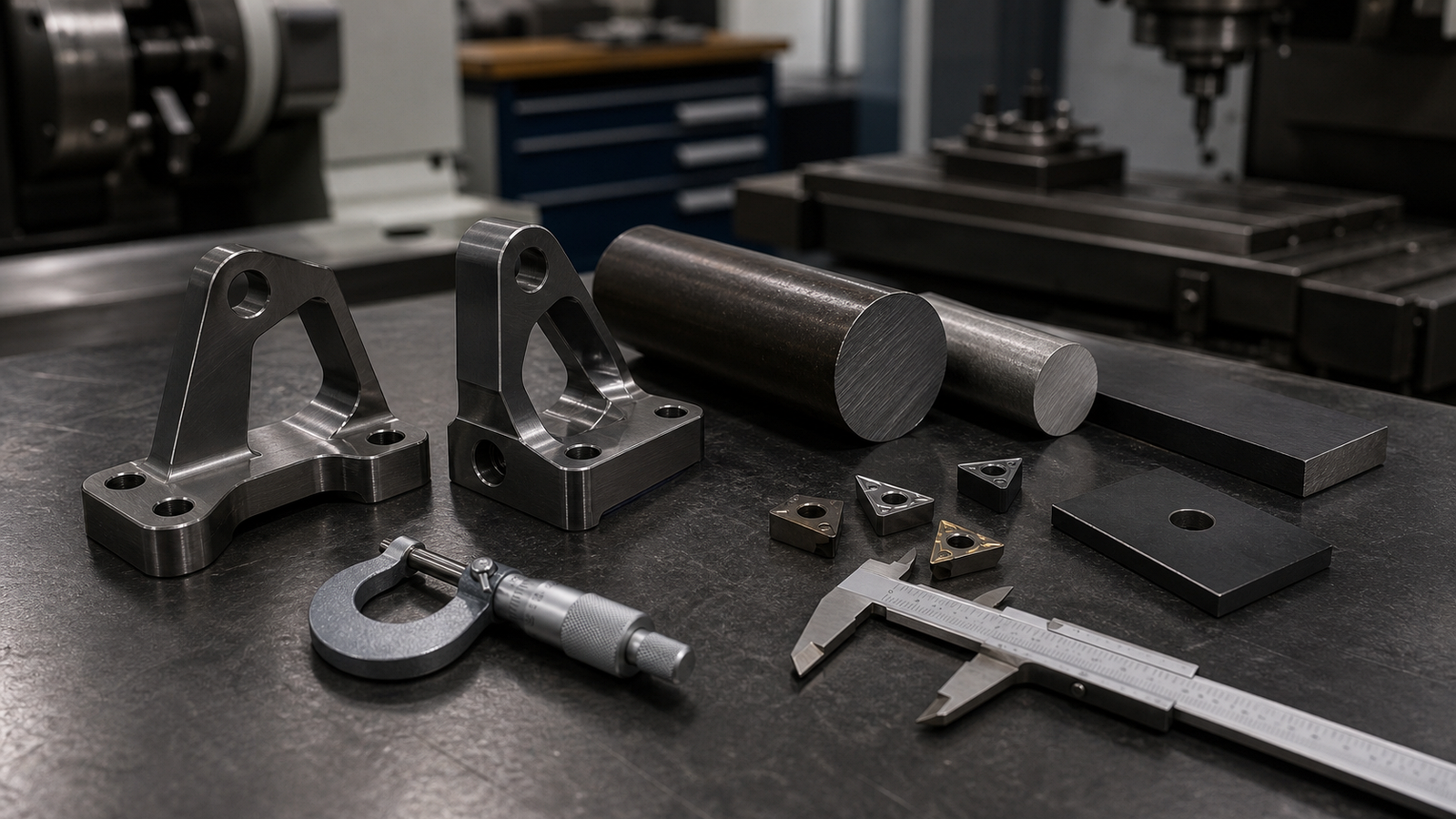 Machined carbon and alloy steel parts with bar stock inserts calipers and micrometer