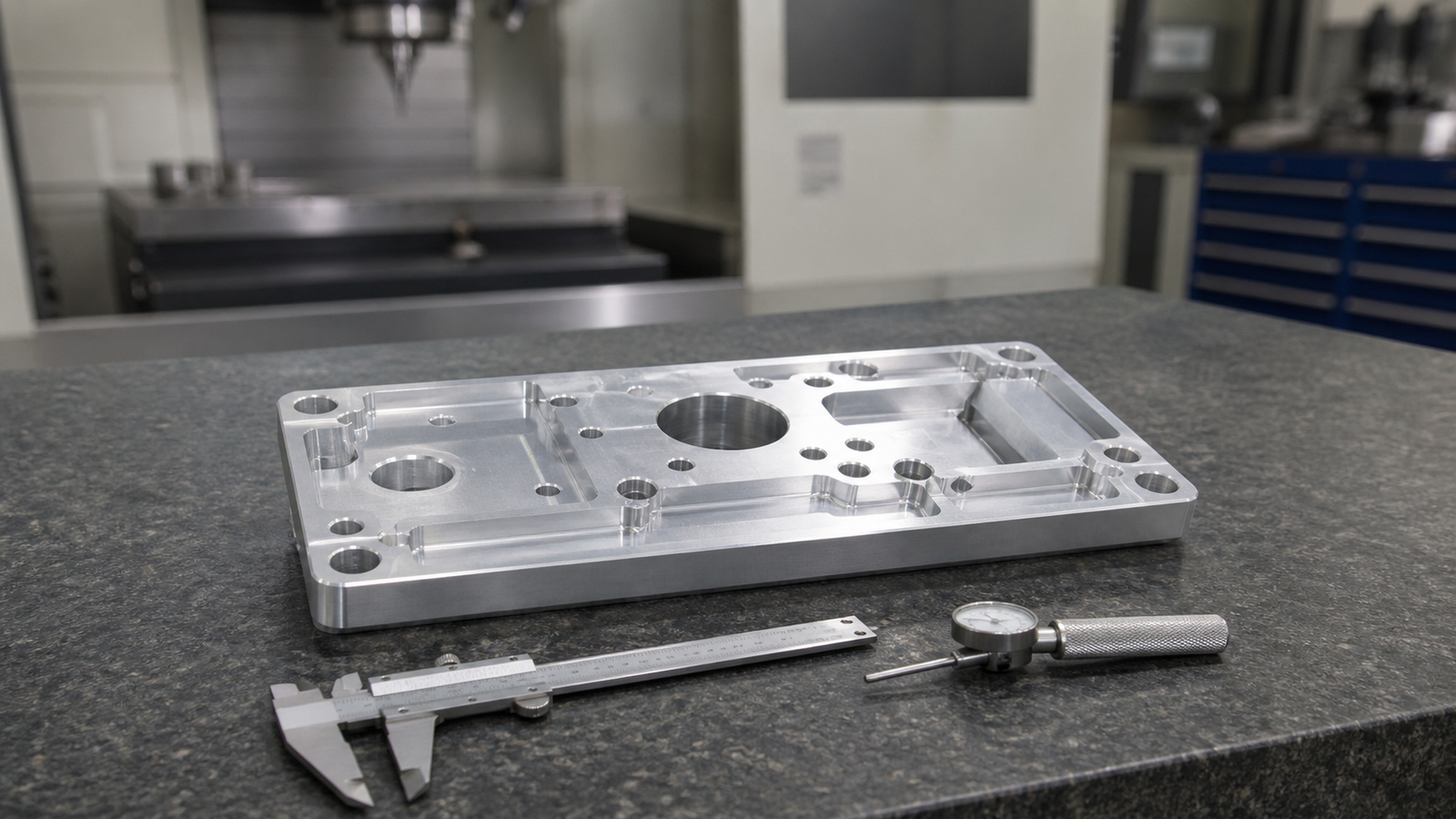 Simple milled aluminum plate checked with calipers on a granite inspection surface