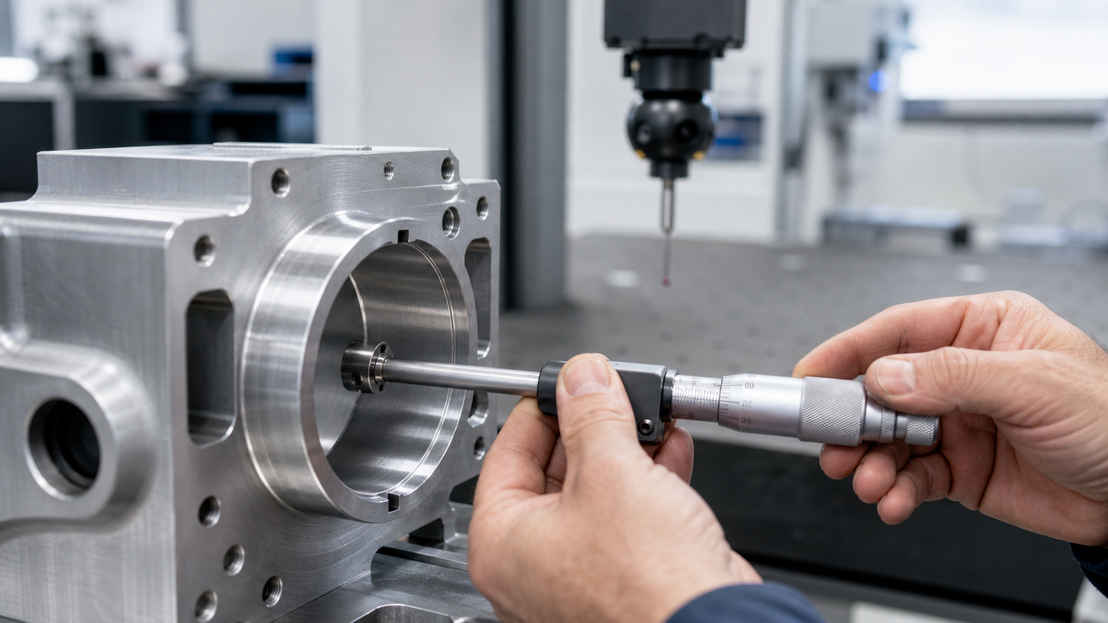 Precision bore in a machined aluminum block being measured with a shop gauge
