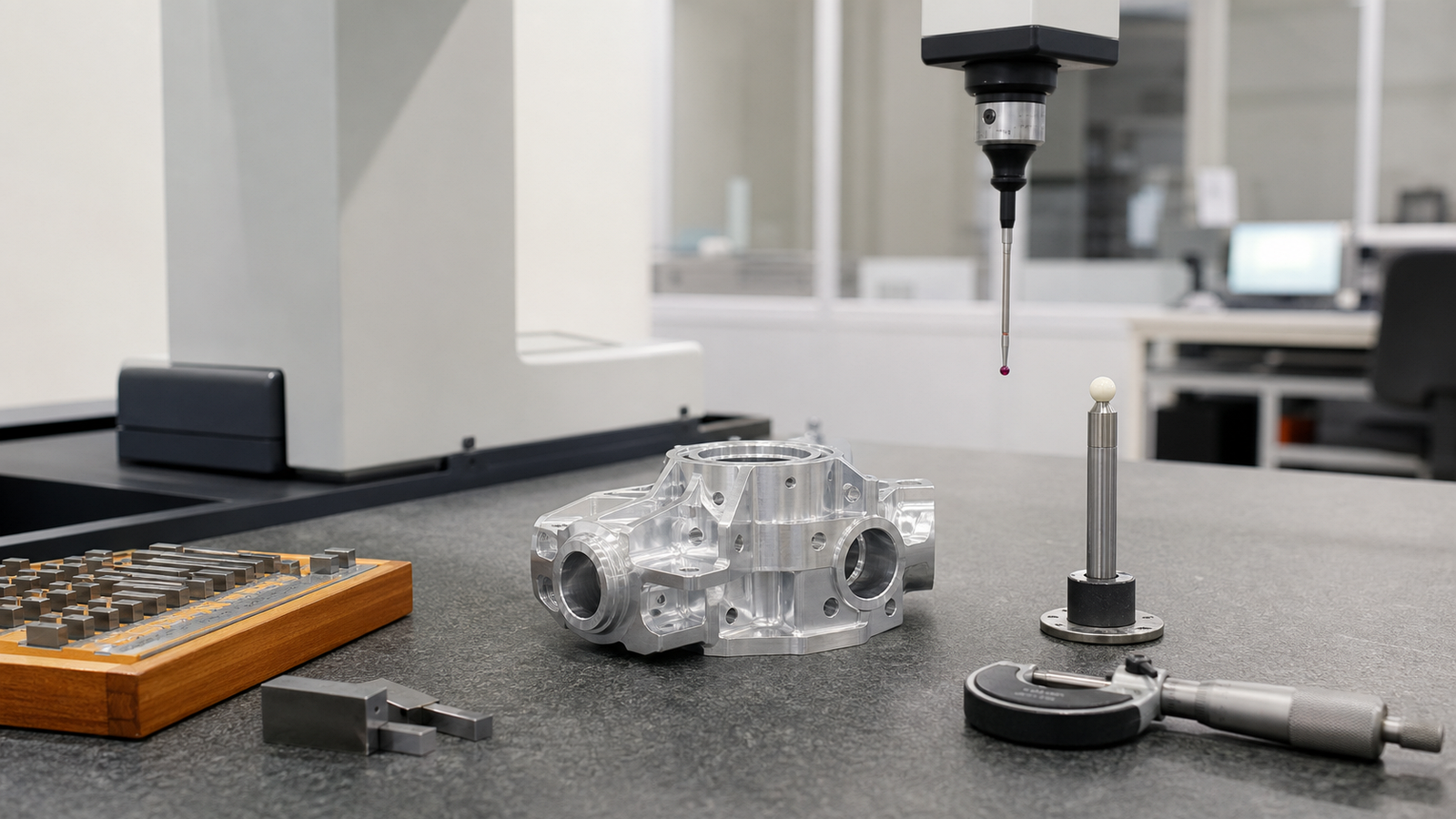 Precision machined component inspected with gauge blocks in a clean metrology room