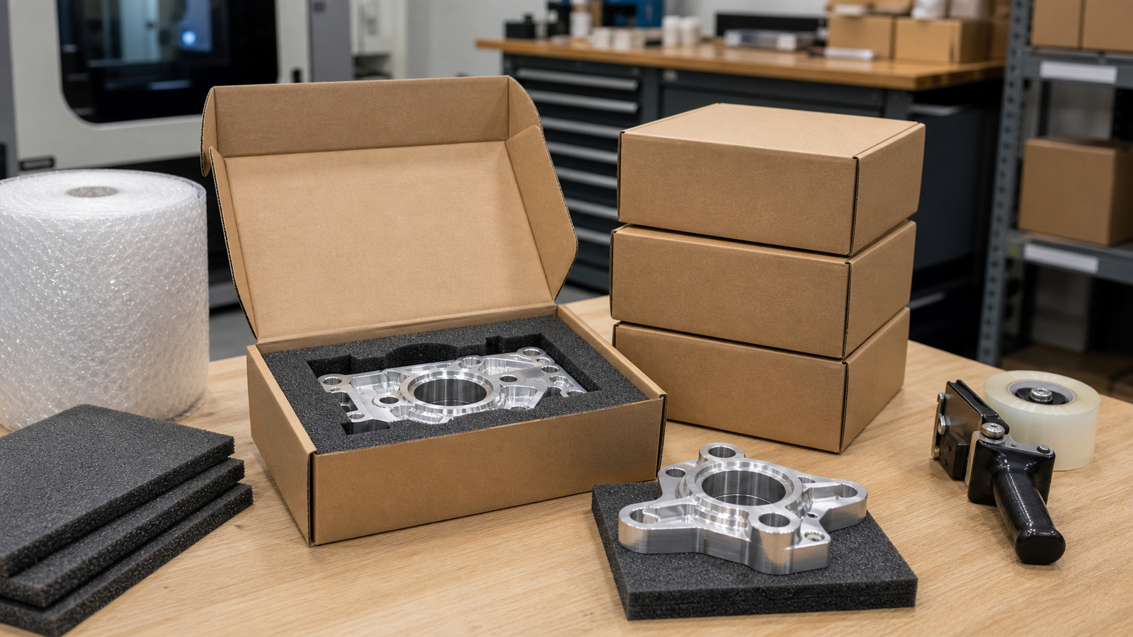 CNC machined parts protected in foam inserts inside plain shipping boxes