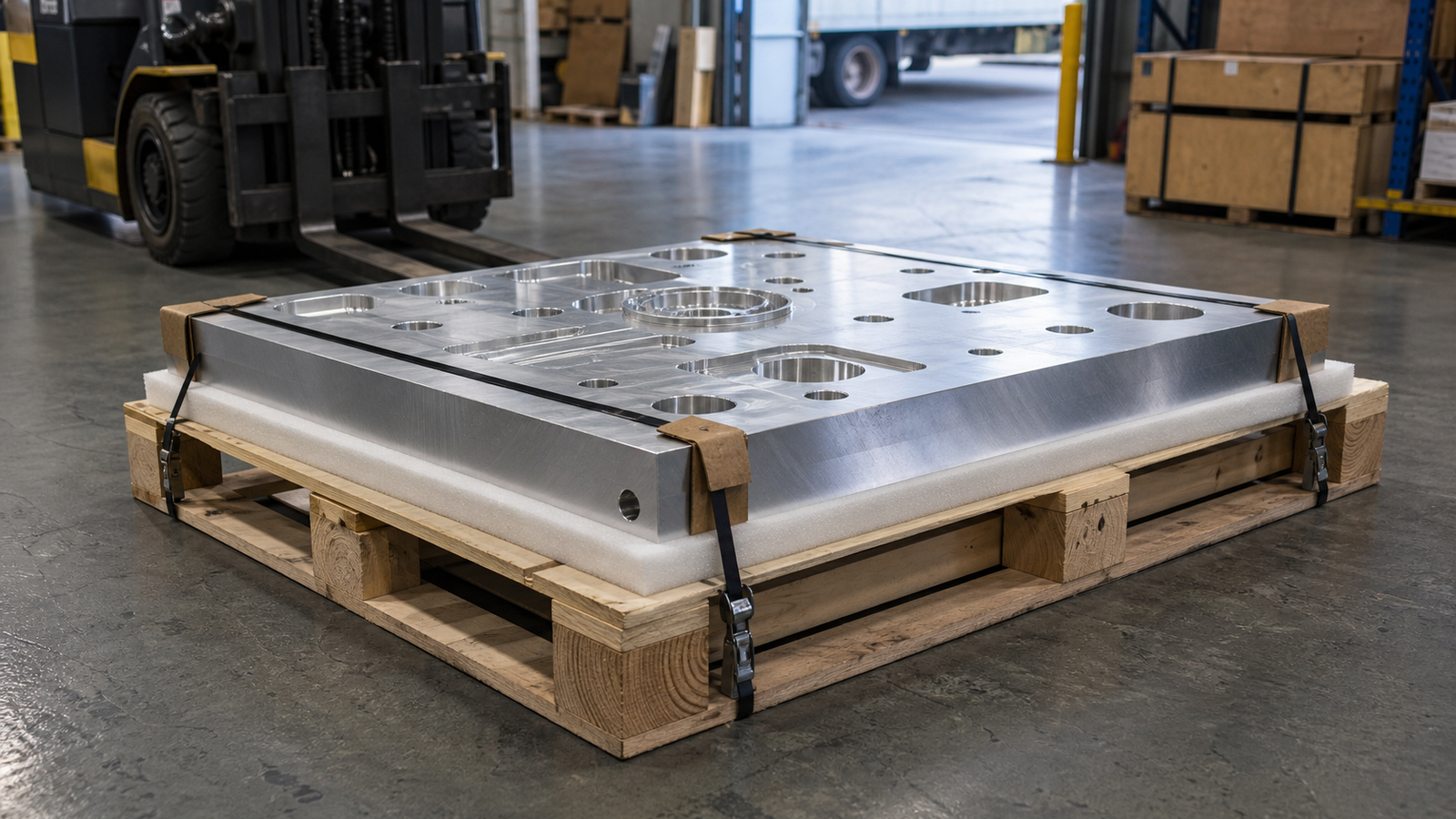 Large CNC machined aluminum plate secured on a pallet for freight shipping