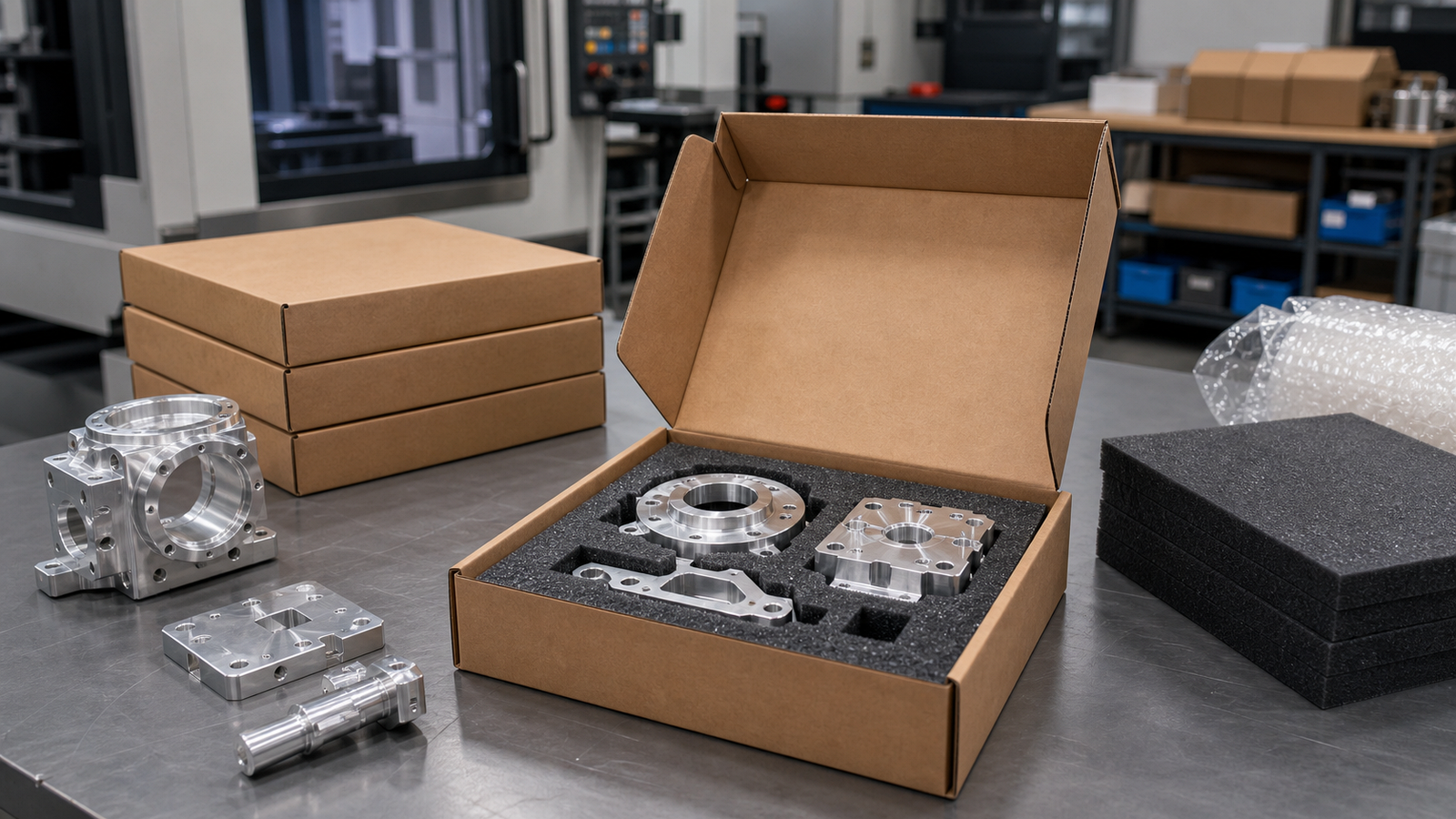 CNC machined parts packed safely in protective foam for shipping