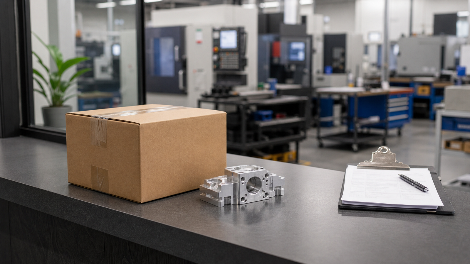 Plain boxed CNC parts ready for local will-call pickup at a machine shop counter
