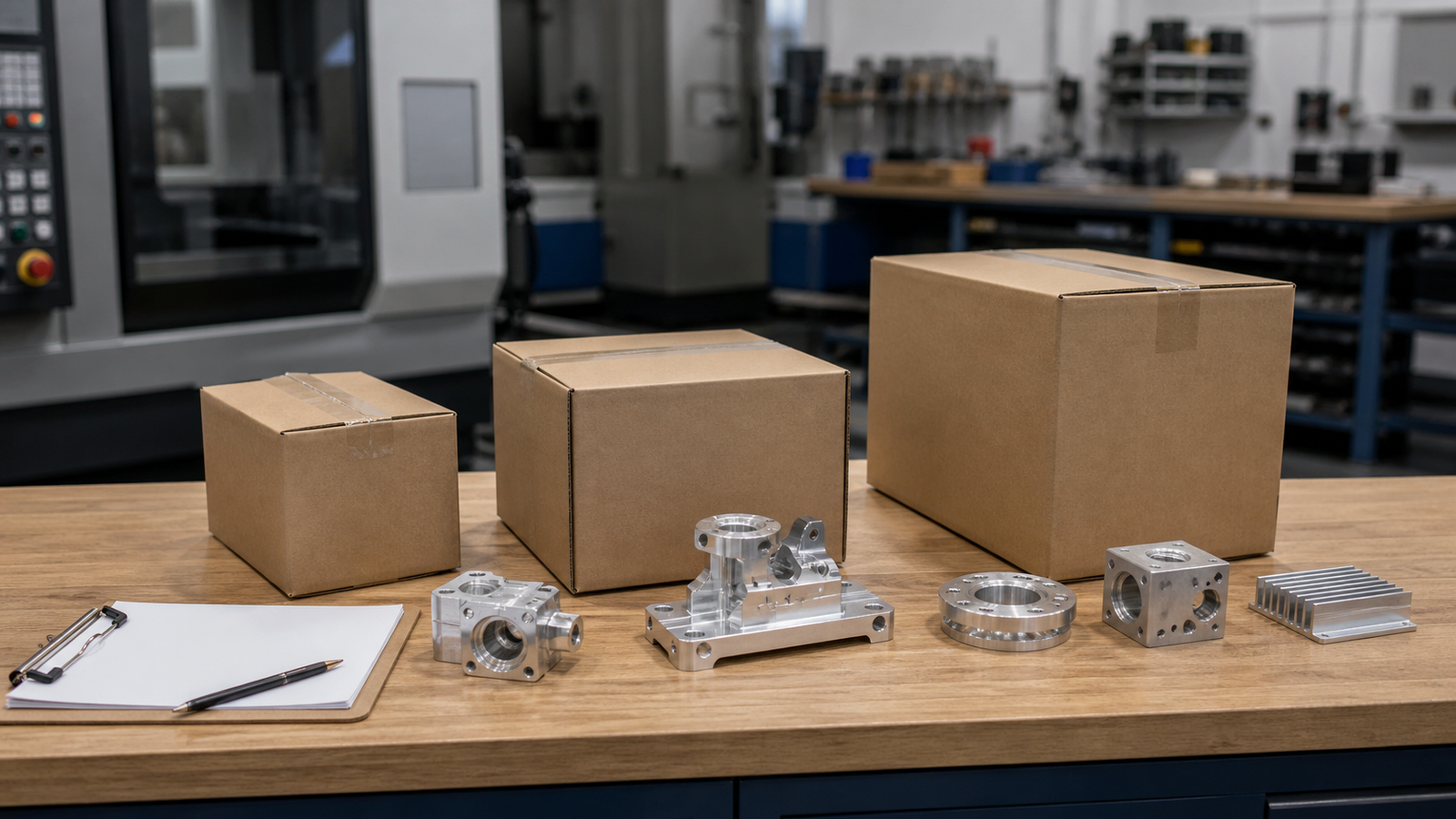 Plain outgoing boxes and finished CNC parts staged for different shipping speed options