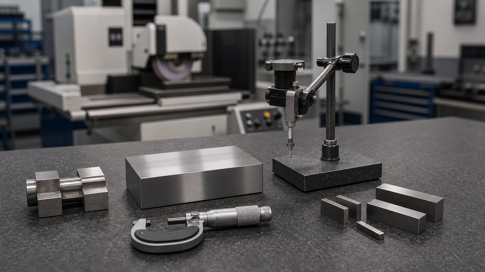Ground precision metal part with gauge blocks and micrometer on a granite surface plate
