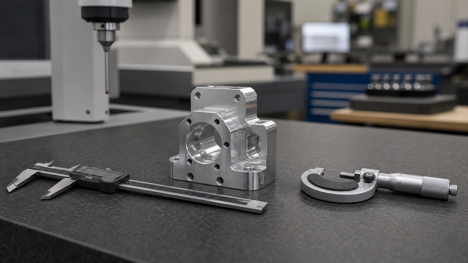 Precision CNC machined part measured with calipers and a micrometer on an inspection bench