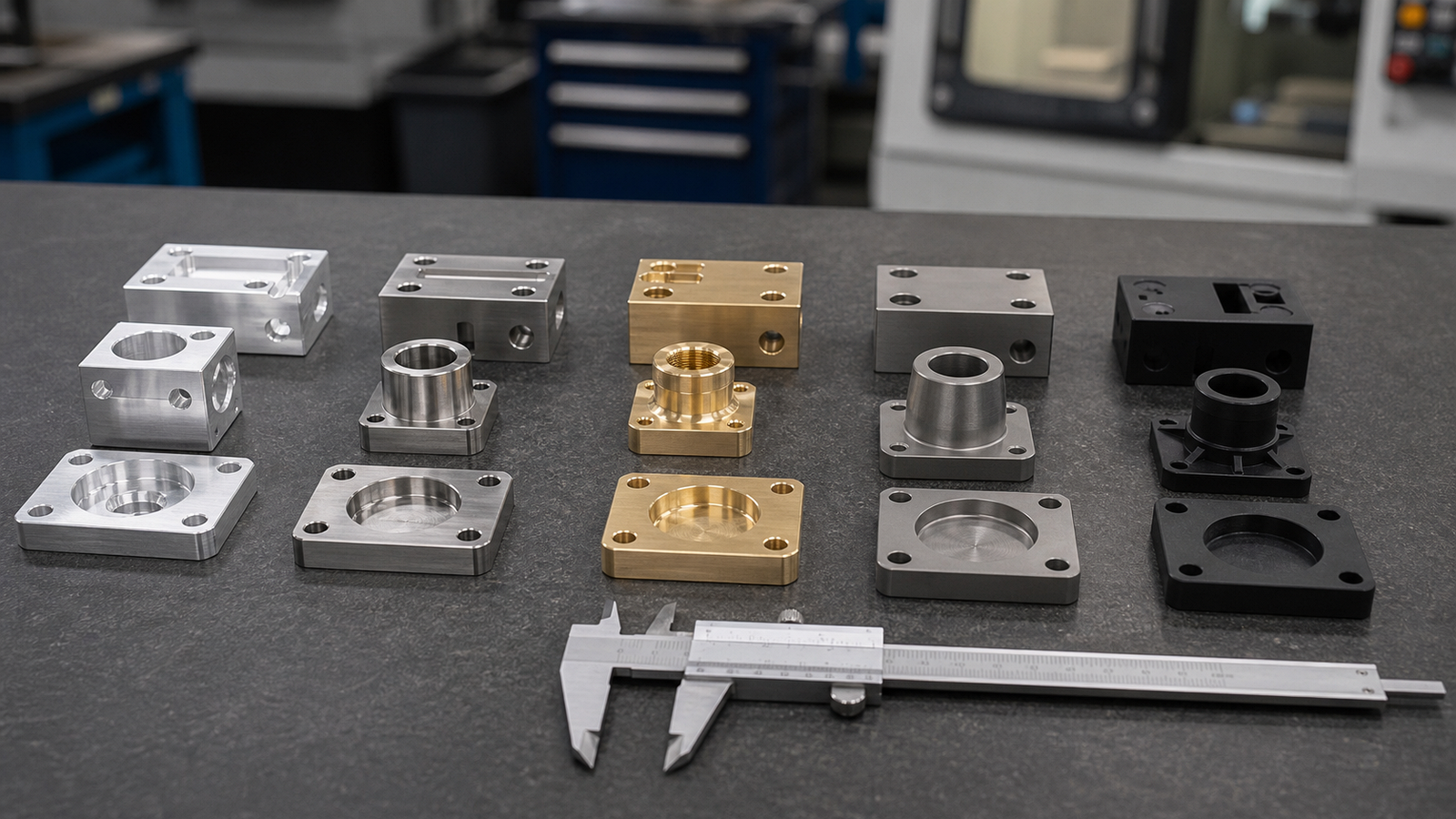 Machined sample coupons in multiple CNC materials arranged with calipers