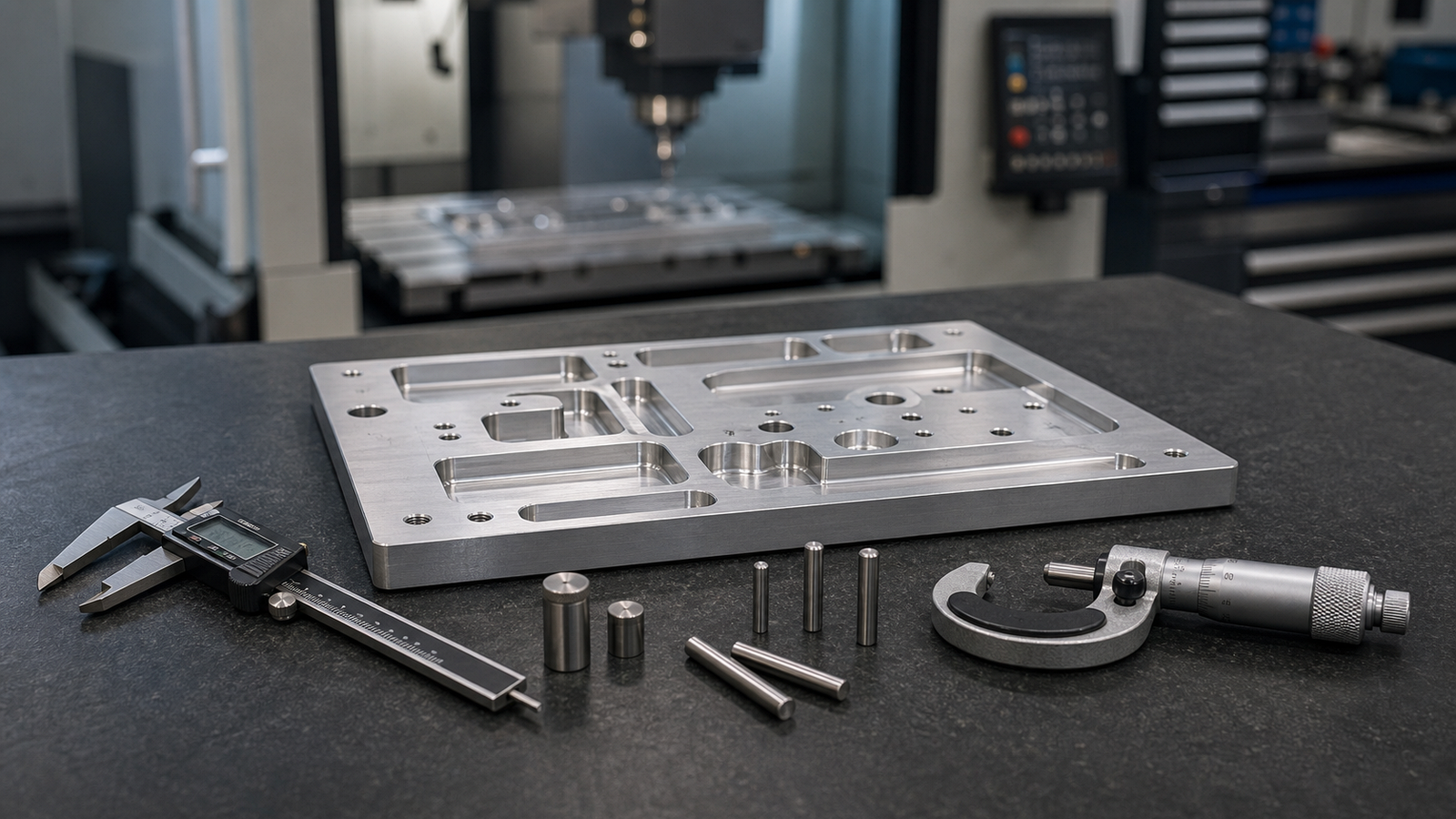 Milled aluminum plate with gauge pins and calipers on an inspection bench