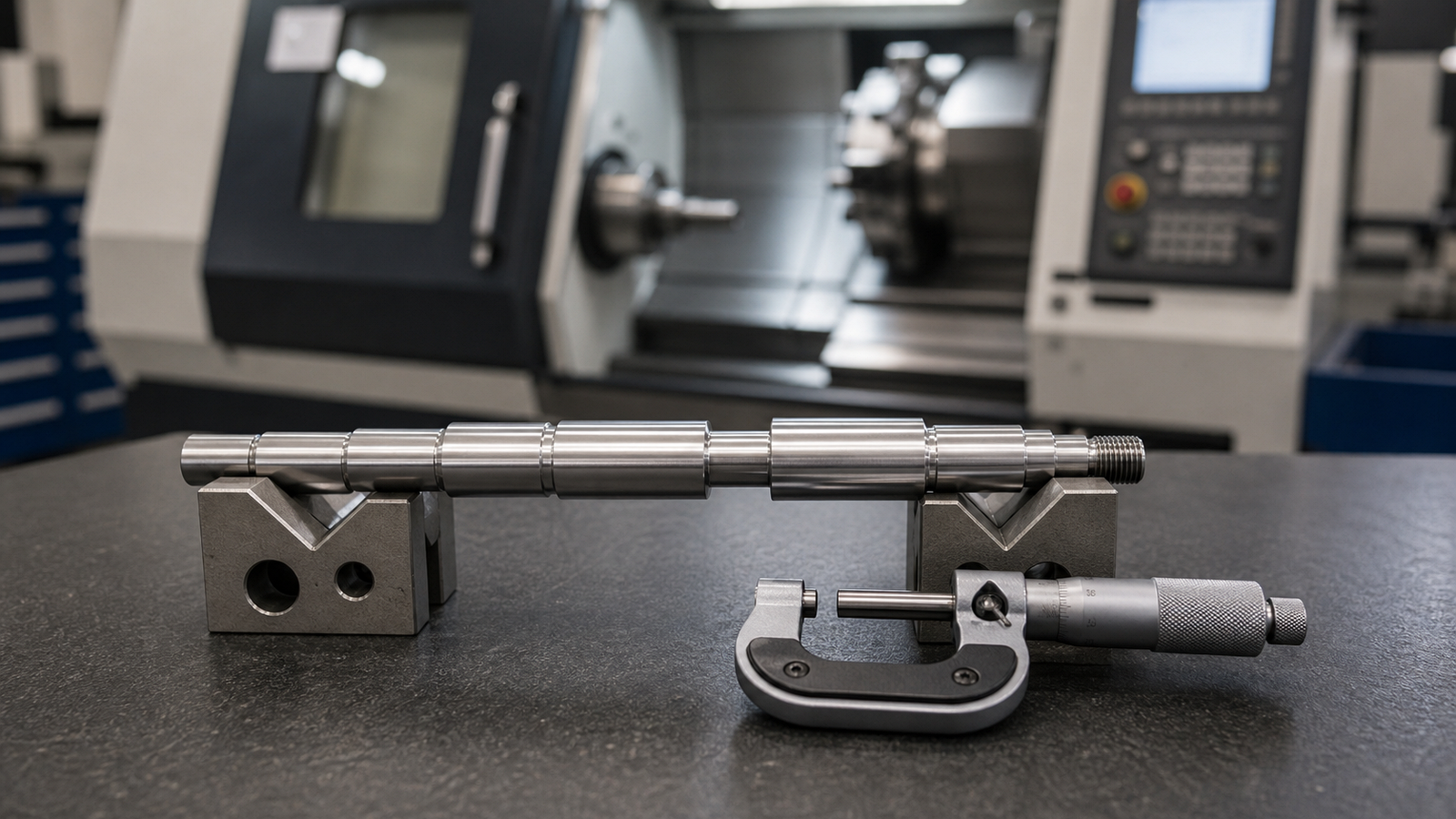 Turned metal shaft checked with a micrometer and V-blocks near a CNC lathe