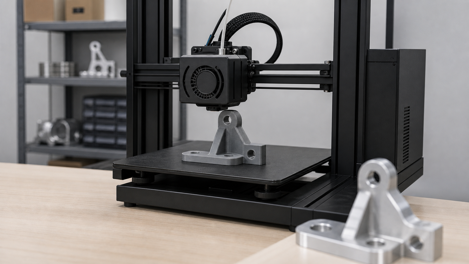 Industrial desktop 3D printer producing a simple gray prototype bracket