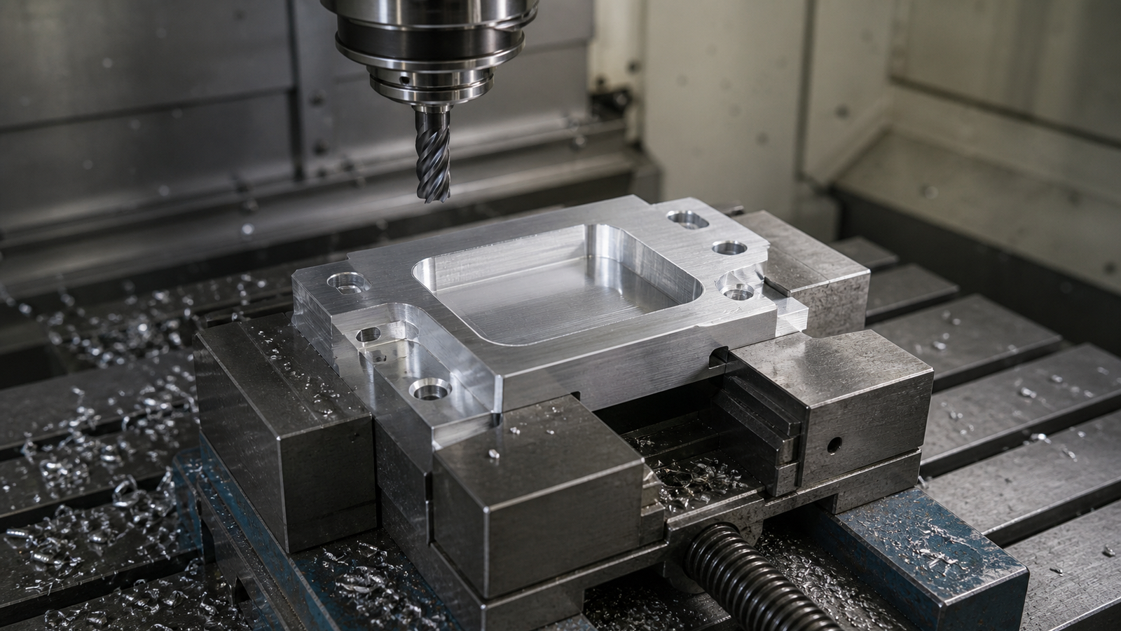Aluminum workpiece clamped in a CNC milling vise after subtractive machining