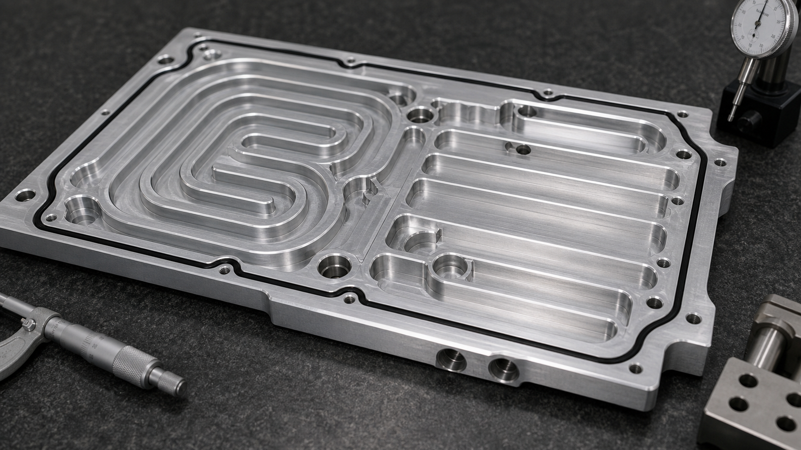 Close-up of aluminum cold plate channels with radiused turns O-ring groove and machined ports