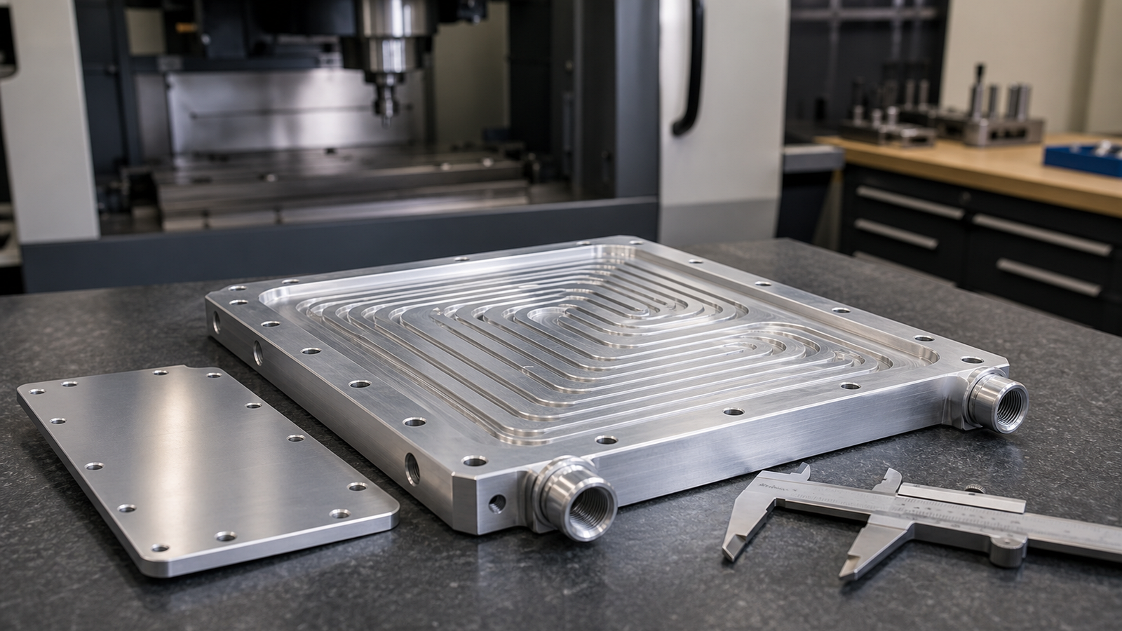 Machined aluminum liquid cold plate with serpentine channels and ports on an inspection bench
