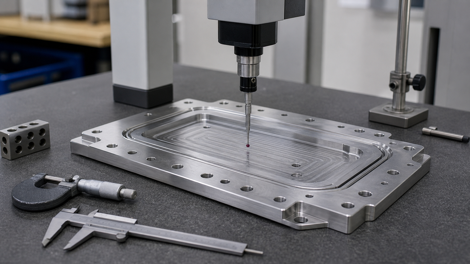 Machined cold plate inspected with metrology tools for O-ring groove and mounting hole tolerances