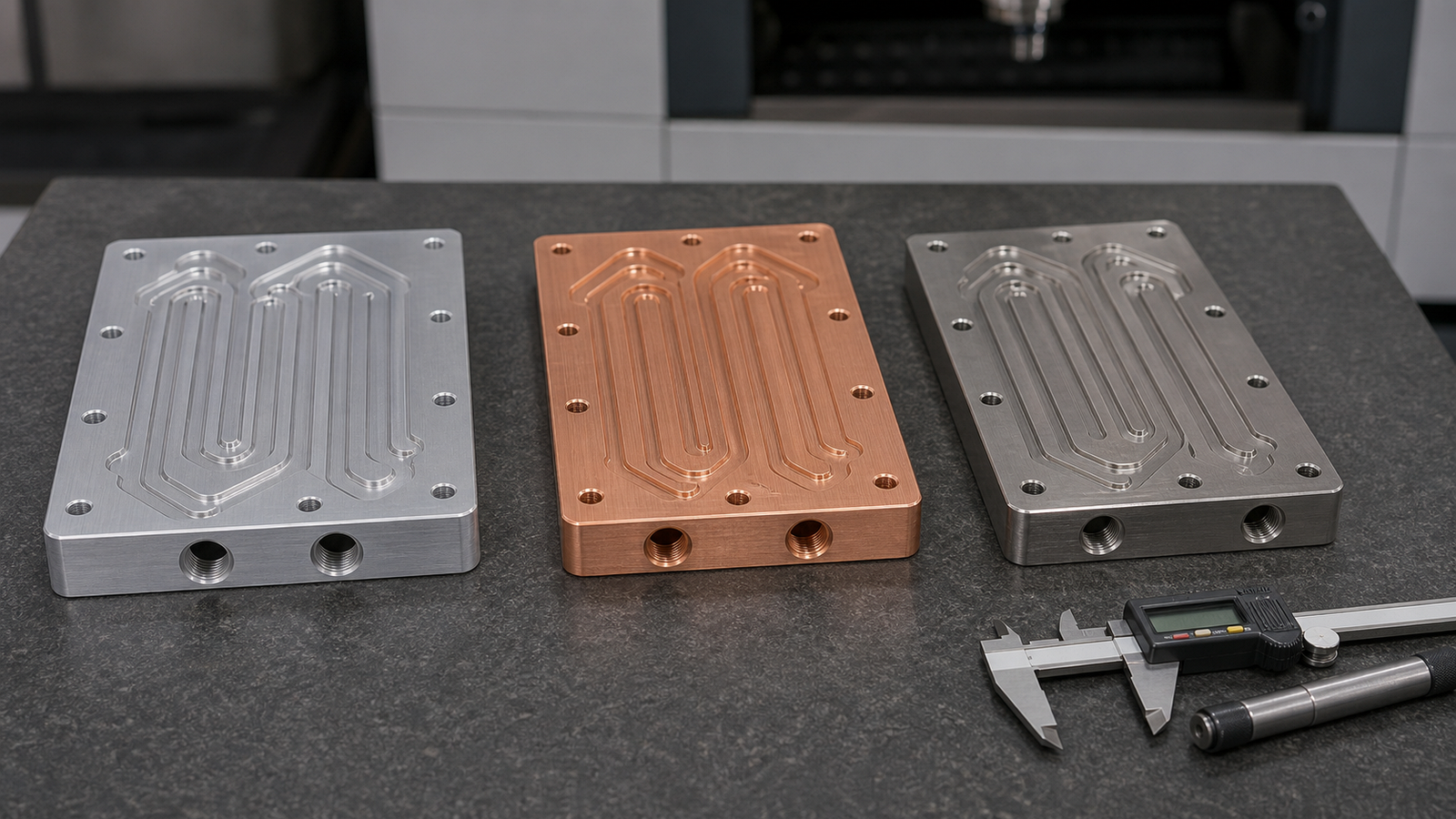 Aluminum copper and stainless cold plate samples with machined channels and calipers