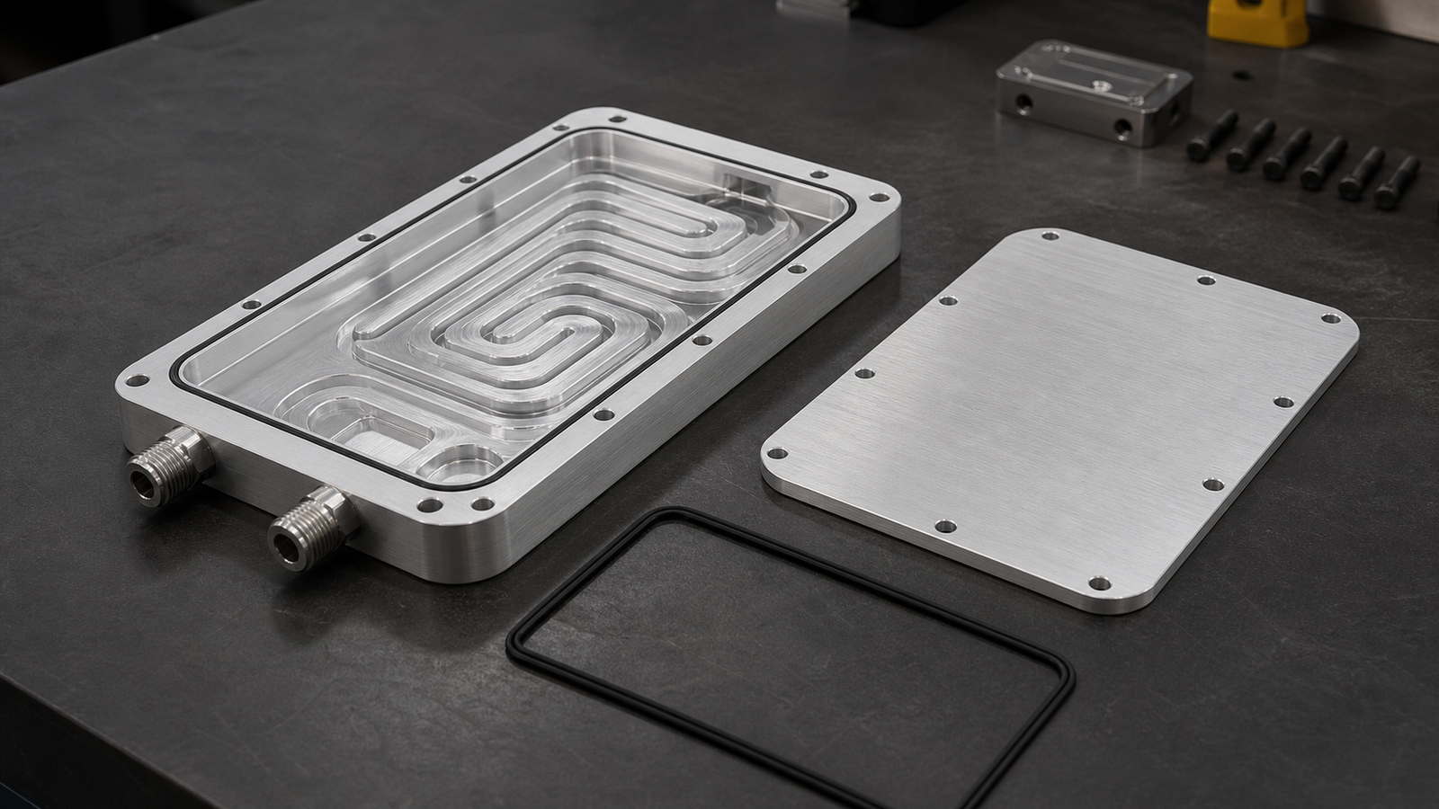 Open machined aluminum cold plate body with cover plate O-ring groove and coolant ports