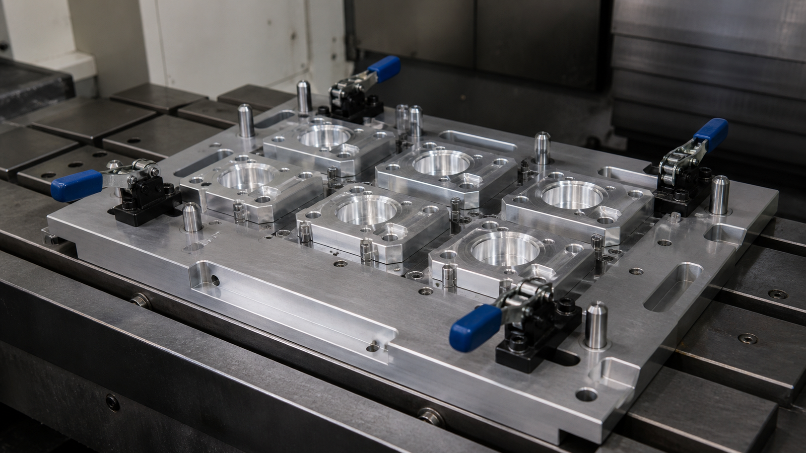 Aluminum fixture nest with dowel pins and quick clamps holding repeated production parts