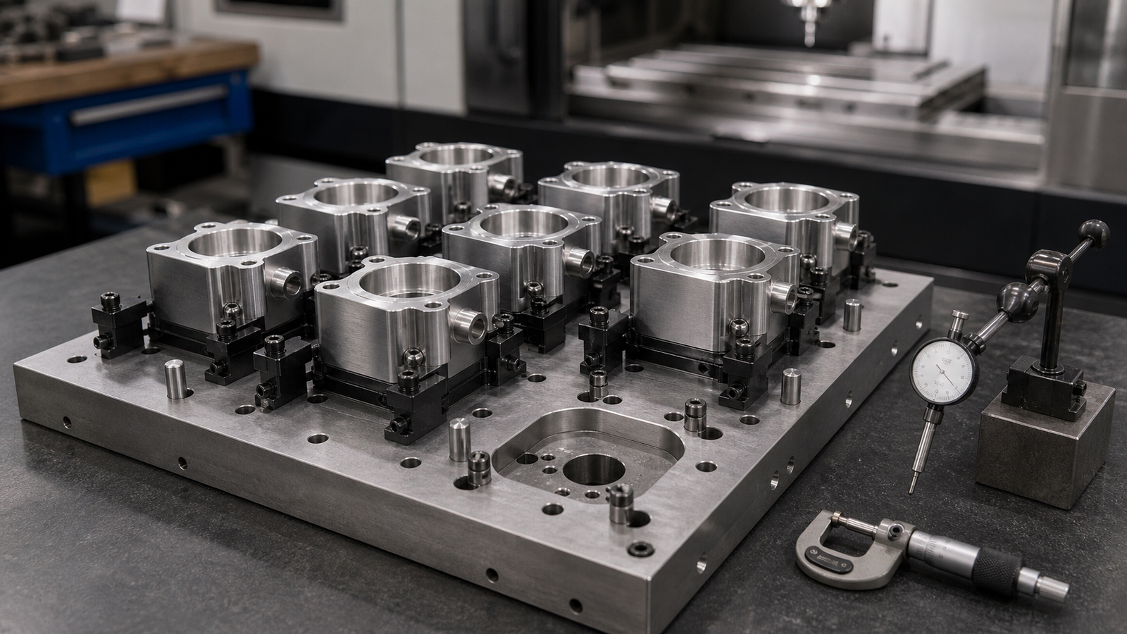 Fixture plate with a batch of identical machined parts and one empty nest ready for loading