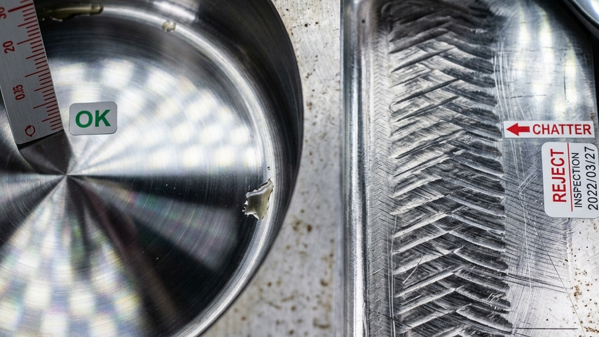 Industrial quality inspection comparing a highly polished bottom of a milled metal cavity with a rejected cavity wall showing chatter deflection marks