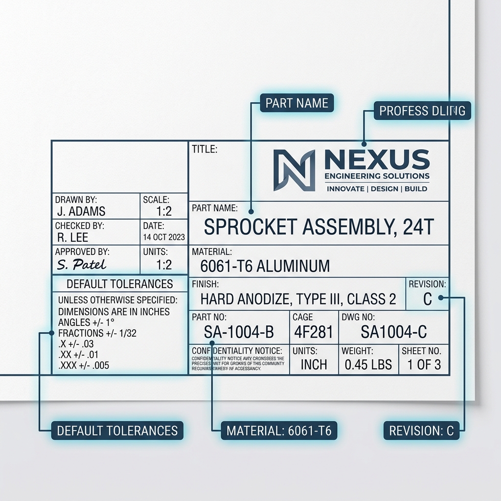 Detailed engineering drawing title block highlighting part name, material spec 6061-T6 aluminum, revision C, and default tolerances
