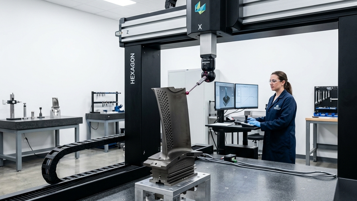 High-fidelity photograph of a precision shop inspection area: a high-end coordinate measuring machine (CMM) is measuring a machined aluminum part on a granite surface plate, surrounded by digital micrometers and calipers