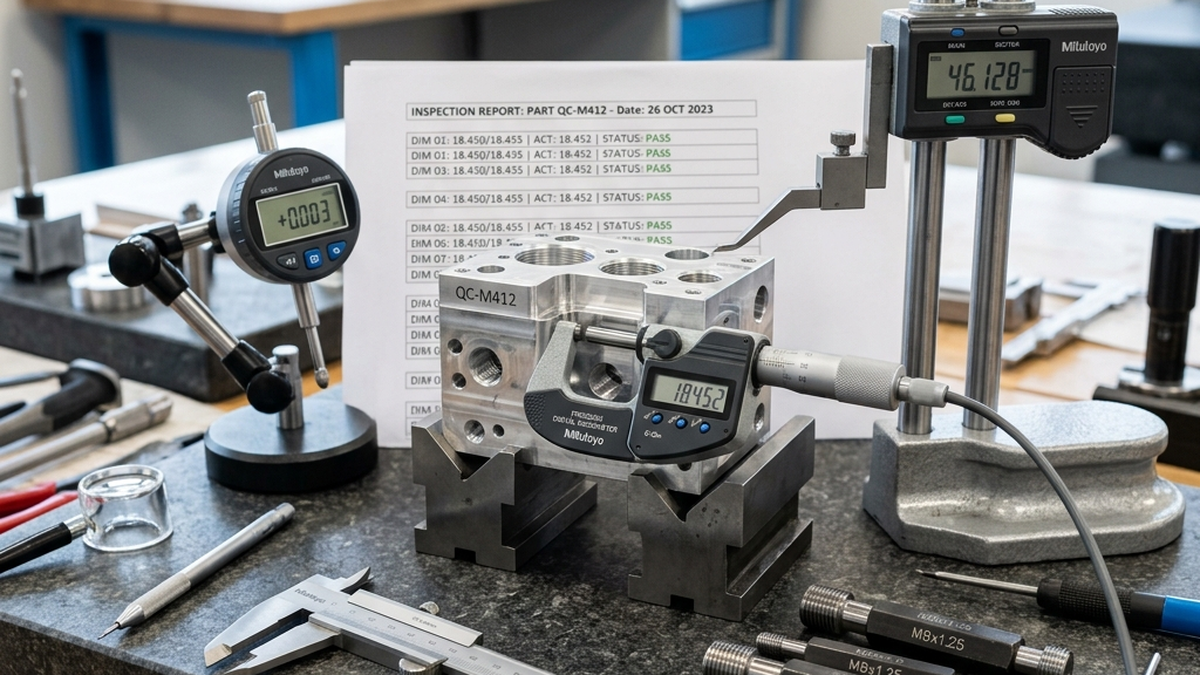 Close-up industrial photograph of a machinist measuring a complex CNC turned steel shaft using a digital caliper under the bright lighting of a metrology lab