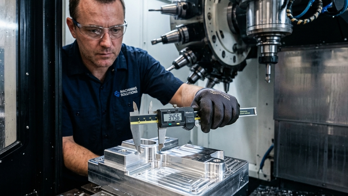 Macro photograph of a clean, ground aluminum manifold block being verified with threaded go/no-go plug gauges and pin gauges in a climate-controlled inspection room
