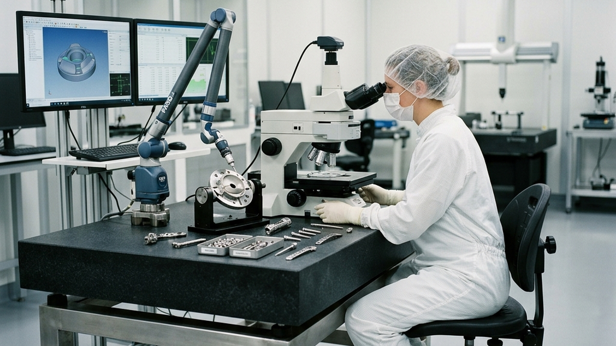 Sterile quality control metrology lab with technician inspecting high-precision medical parts on a granite surface plate