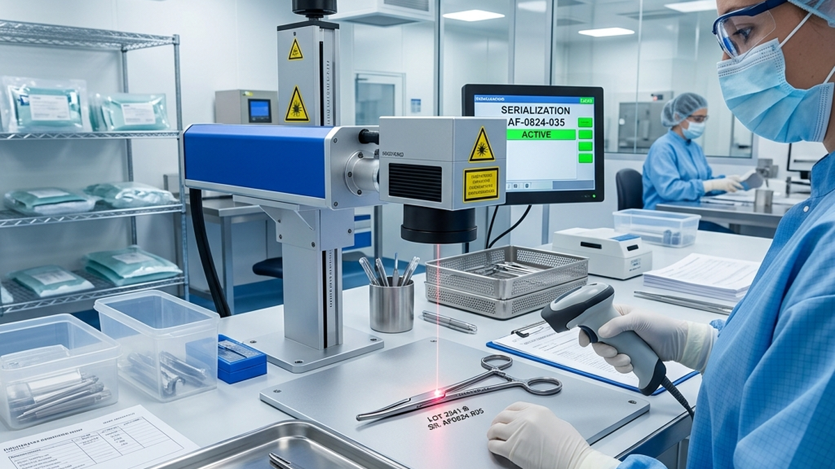 Clean packaging area for medical parts showing laser marking of serialization codes on titanium surgical instruments