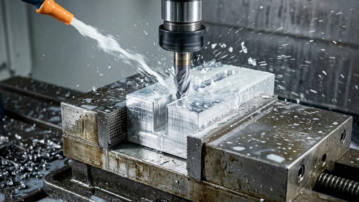 Carbide end mill cutter slotting a rectangular aluminum block secured in a heavy machine vise with cooling spray