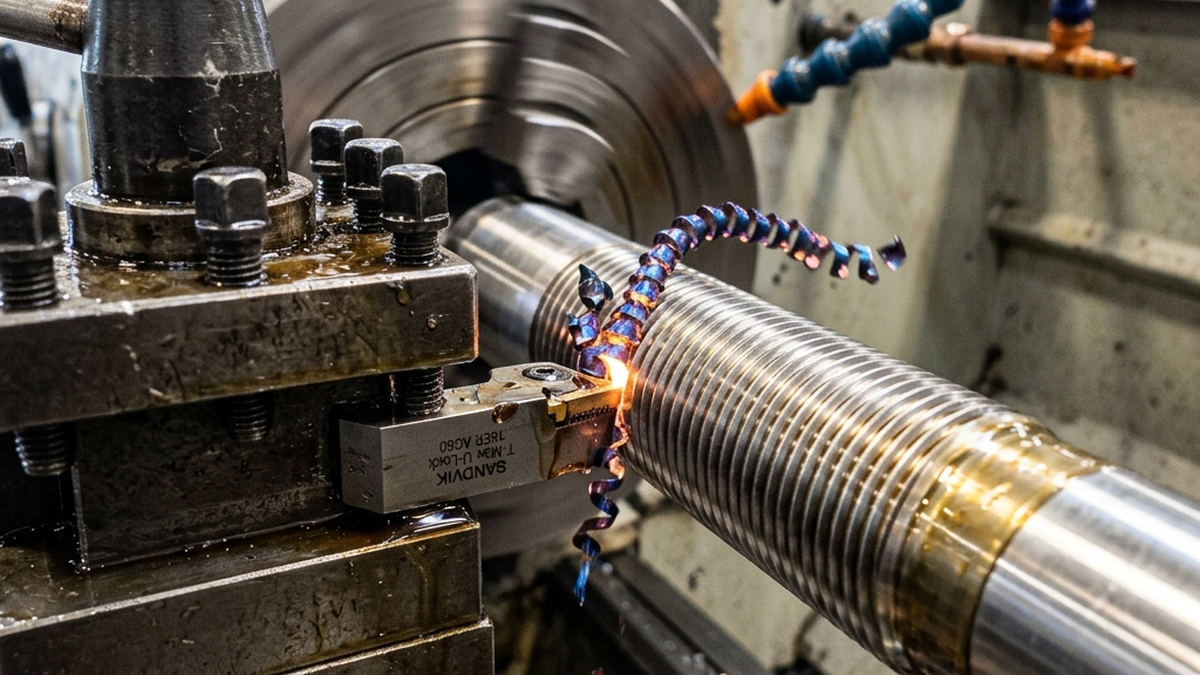 CNC lathe cutting precise thread profiles into a spinning steel cylindrical rod with metal chips curling