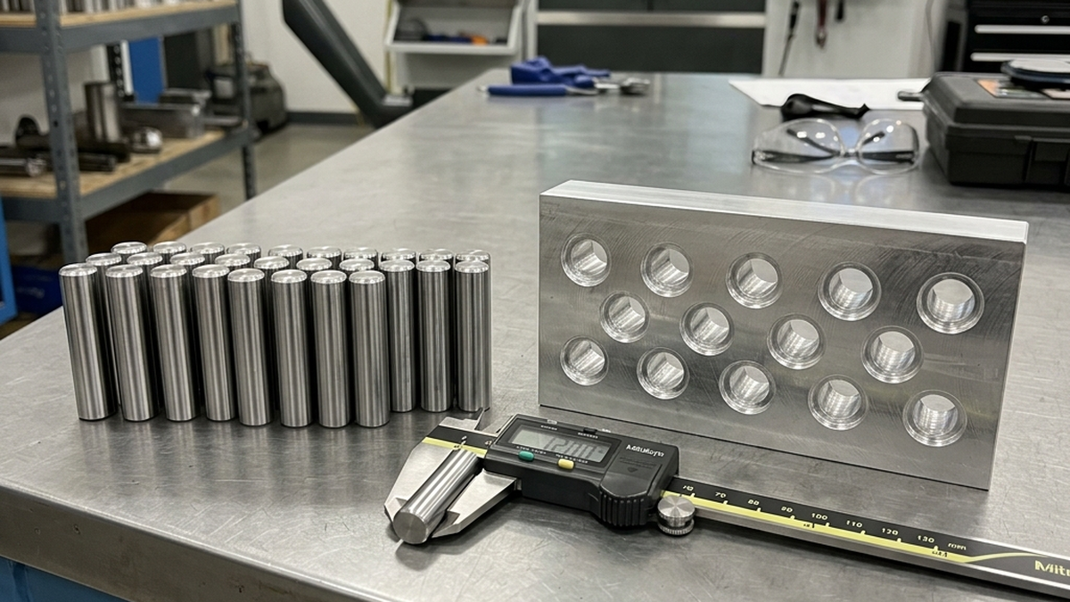 Comparison of finished turned cylindrical metal pins and circular-interpolated milled aluminum bores next to digital calipers on a workbench