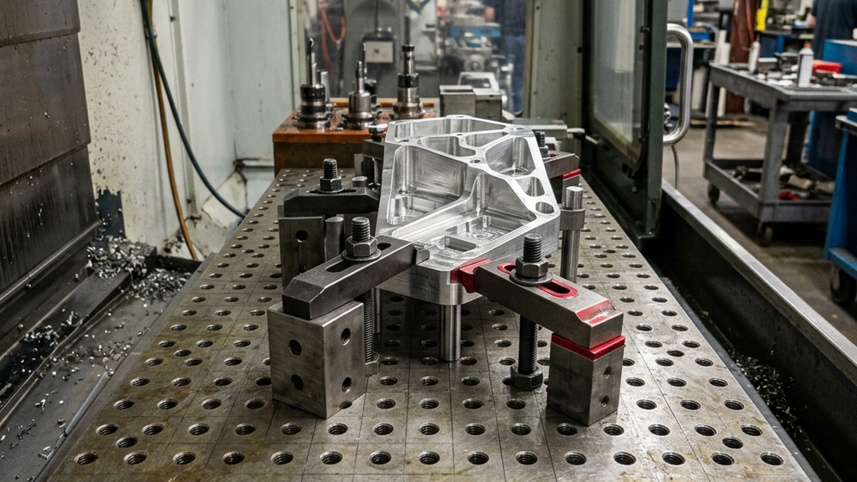High-fidelity photograph of a modular grid fixture plate in a CNC machine shop holding a complex metal part with standardized modular blocks, locator pins, and clamp straps