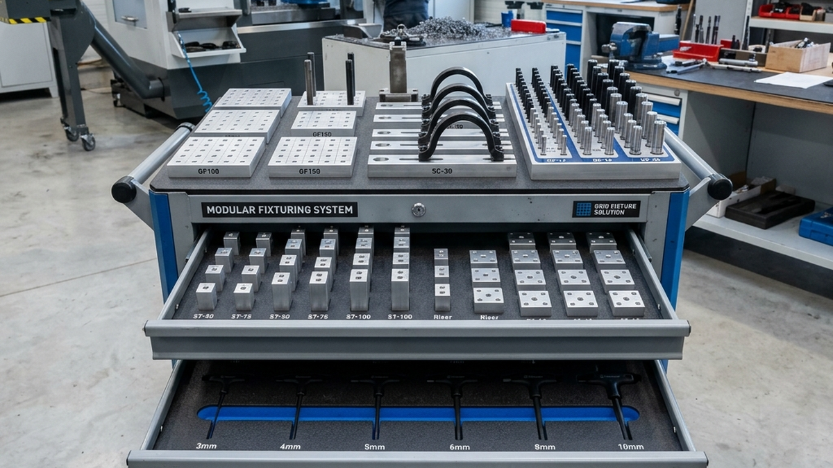 High-resolution photo of a mobile tool cart in a machine shop containing neatly organized modular fixture components: locator pins, grid blocks, strap clamps, and support towers