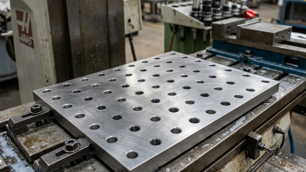 Close-up industrial photo of a ground steel modular grid plate mounted on a 3-axis mill table showing precision ground surfaces and a clean pattern of alternating dowel and threaded holes