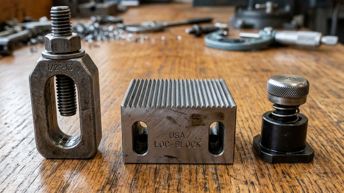 Macro photo of different modular workholding accessories: a heavy-duty strap clamp, a serrated locator block, and a spring-loaded rest button arranged neatly on a wooden inspection bench