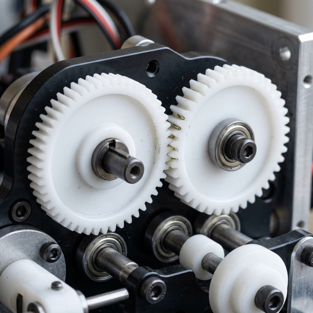 White Delrin plastic gears meshing together in a mechanical device assembly