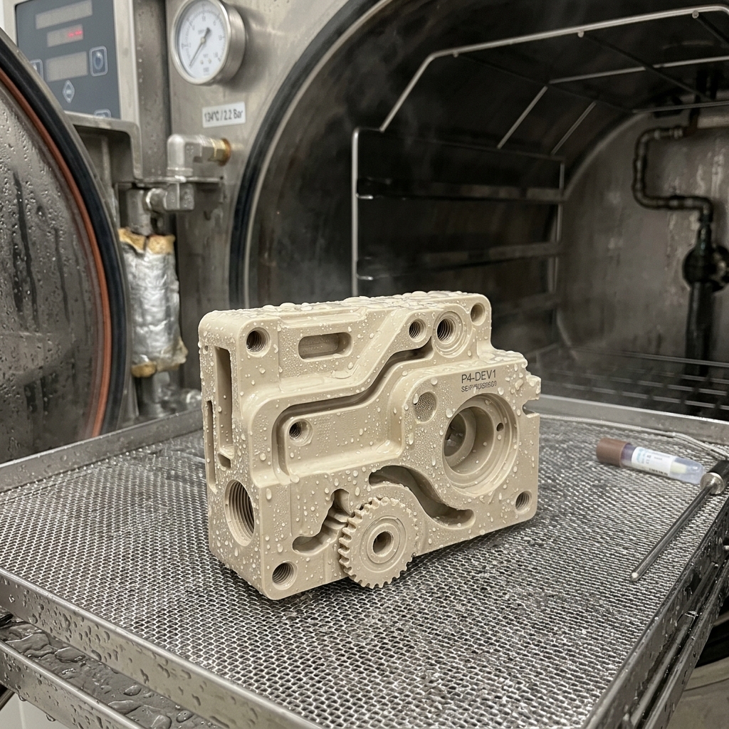 PEEK plastic medical device prototype component sitting inside a steam autoclave sterilizer